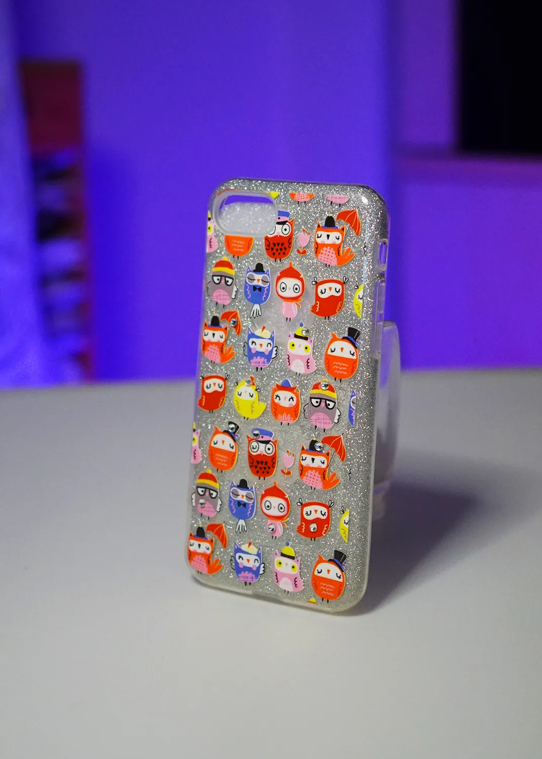 Apple iPhone 8 Simli Şeffaf Baykuş Stickerlı Kılıf
