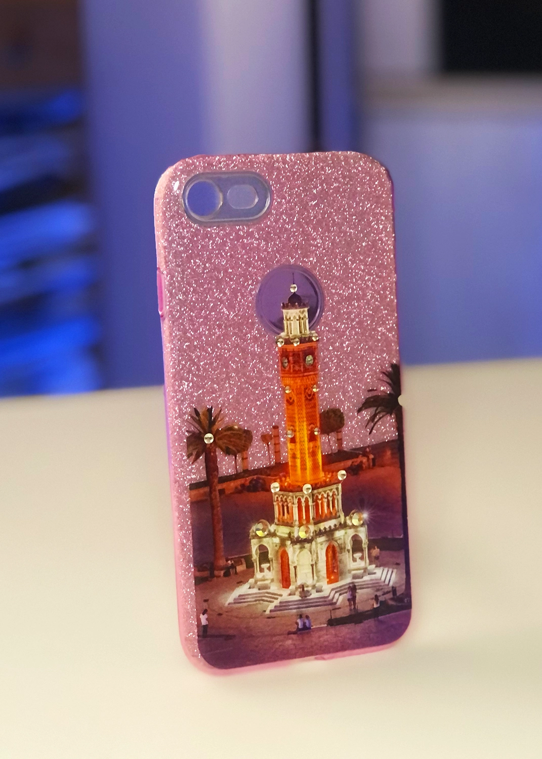 Apple iPhone 7 / 8 / SE (2020) Uyumlu Pembe Glitter Saat Kulesi Kılıfı Modelleri ve Görselleri