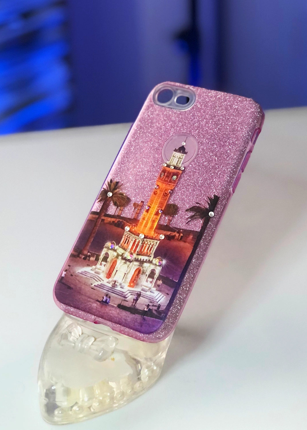 Apple iPhone 7 / 8 / SE (2020) Uyumlu Pembe Glitter Saat Kulesi Kılıfı Modelleri ve Görselleri