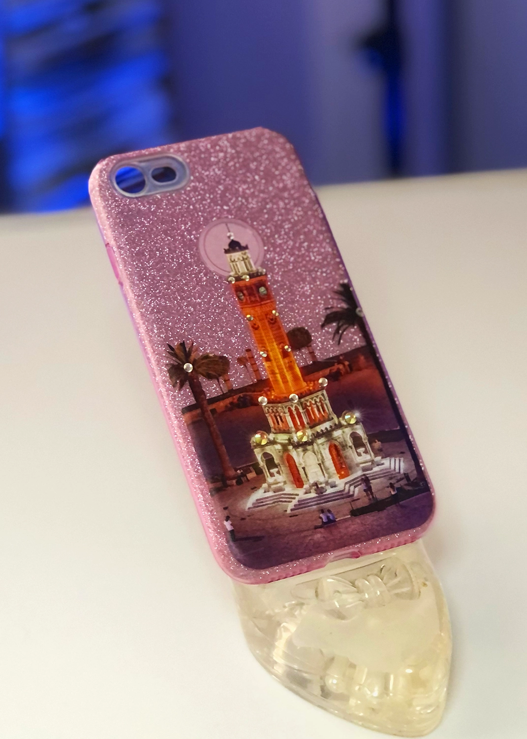 Apple iPhone 7 / 8 / SE (2020) Uyumlu Pembe Glitter Saat Kulesi Kılıfı Modelleri ve Görselleri